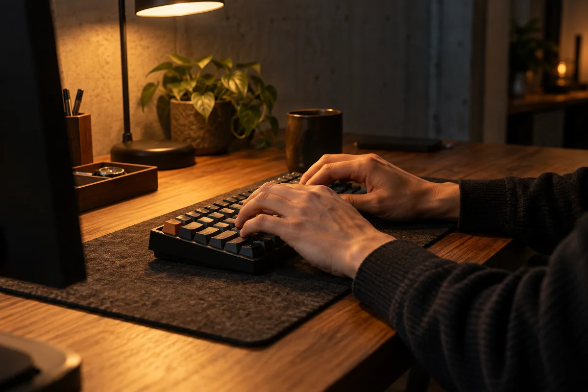 Close-up of hands typing on a mechanical keyboard on a wooden desk at night, lit by a warm desk lamp