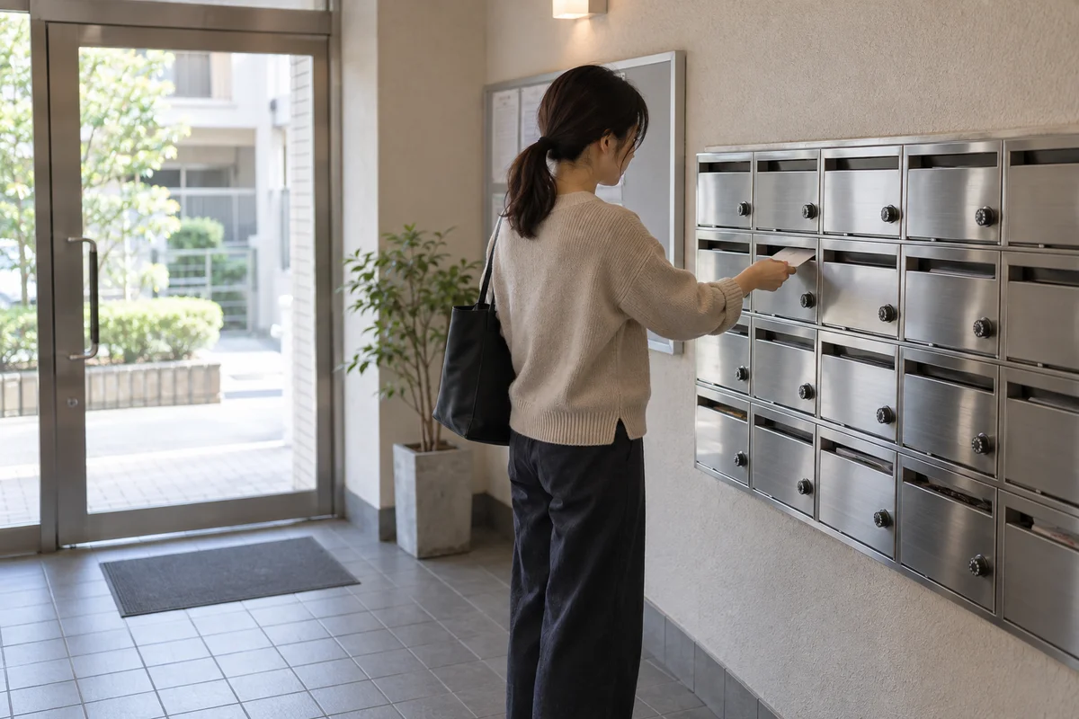 A person dropping a small envelope into a row of metal mailboxes in an apartment building entrance in soft daylight