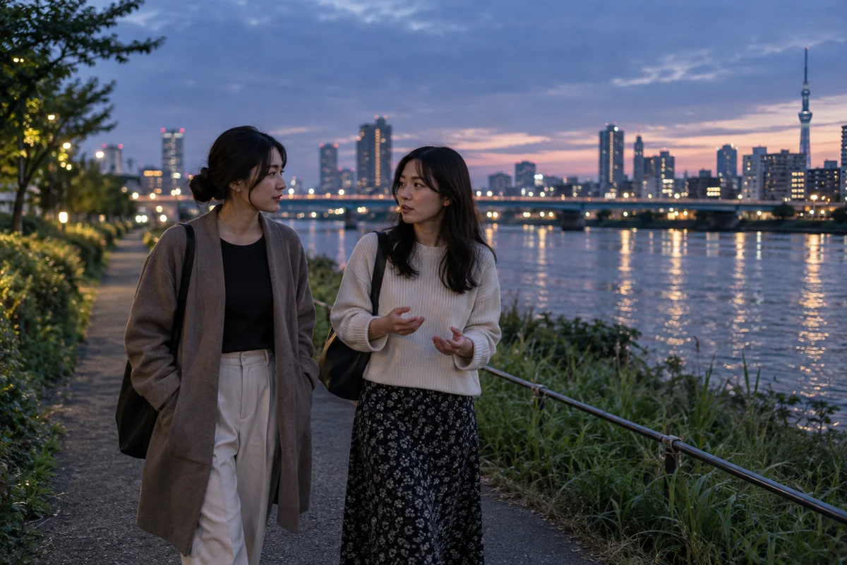 Two friends walking and talking along a quiet riverside path at dusk, city lights starting to glow in the background