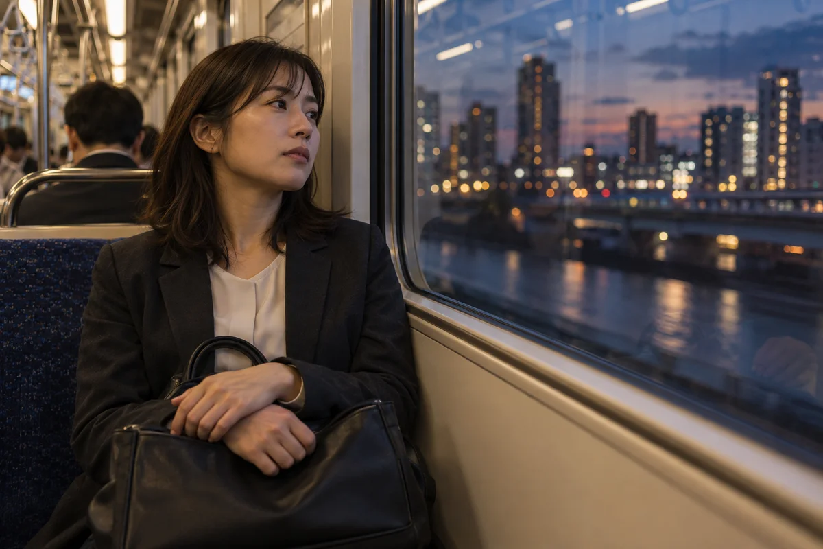 A commuter sitting quietly beside a train window at dusk, with a work bag on their lap and city lights outside