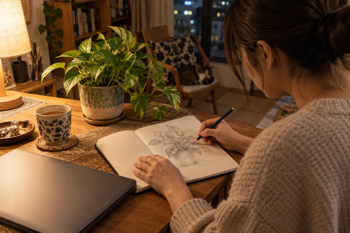 Close view of hands sketching a houseplant at a small apartment table in warm lamplight, beside a closed laptop