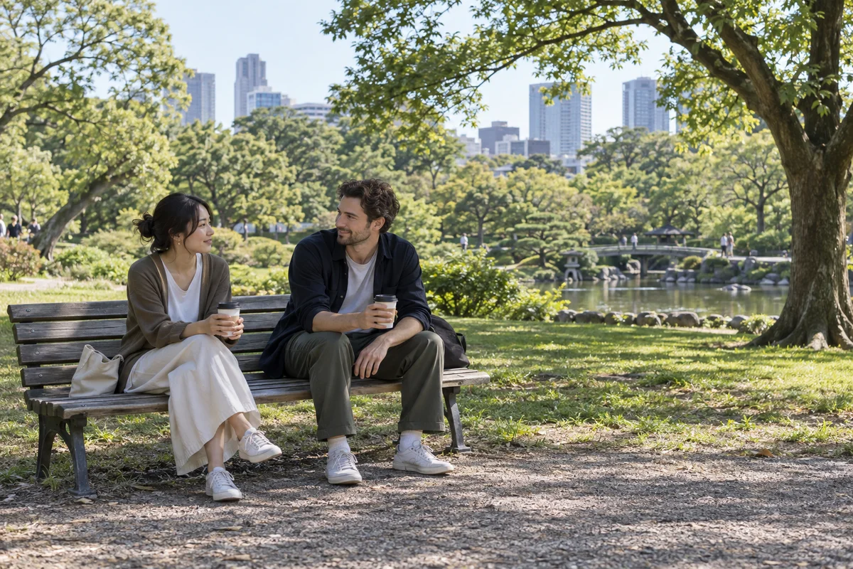 Two friends sharing takeaway coffee on a park bench on a bright weekend morning, with space and trees around them