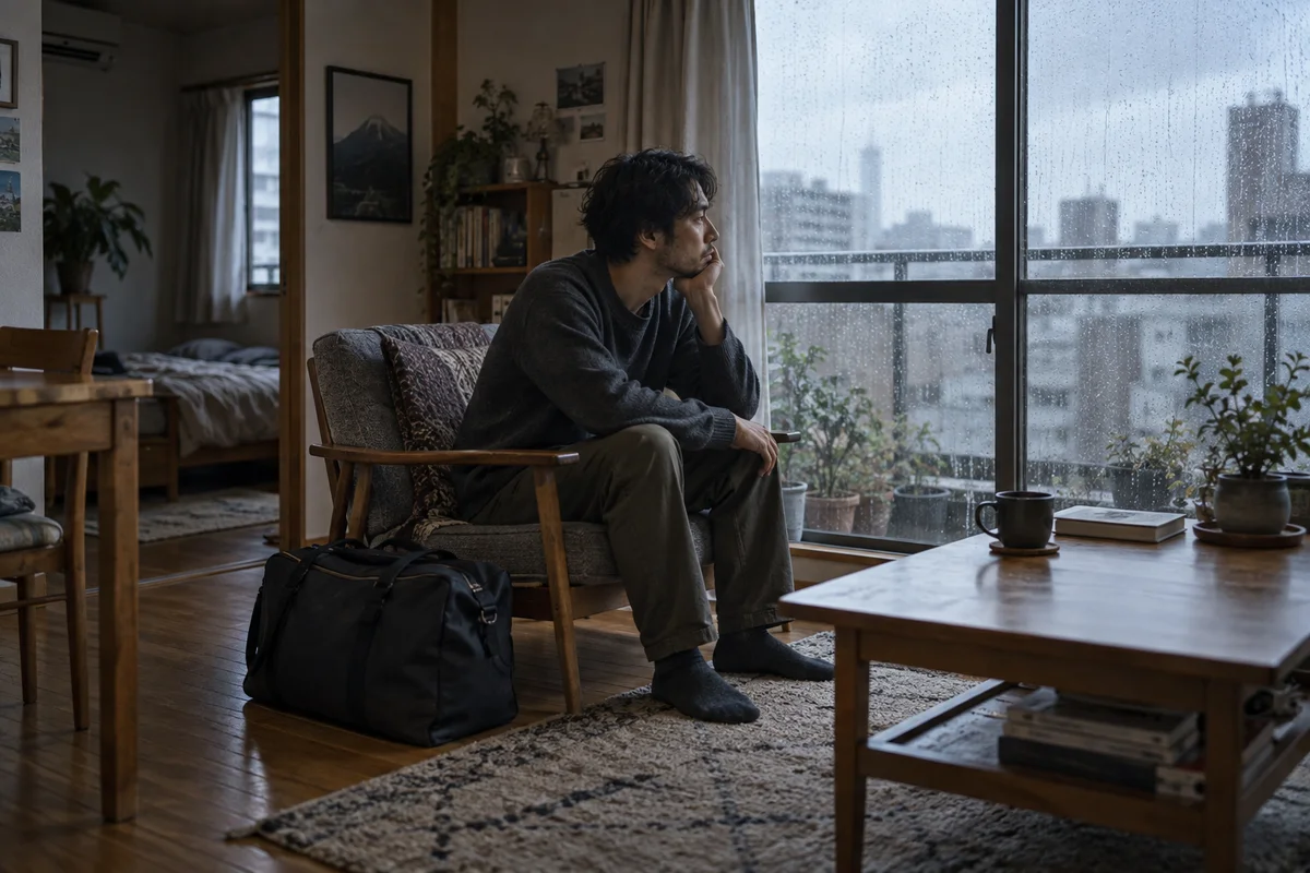 A man sitting beside a rain-streaked apartment window with a packed weekend bag nearby