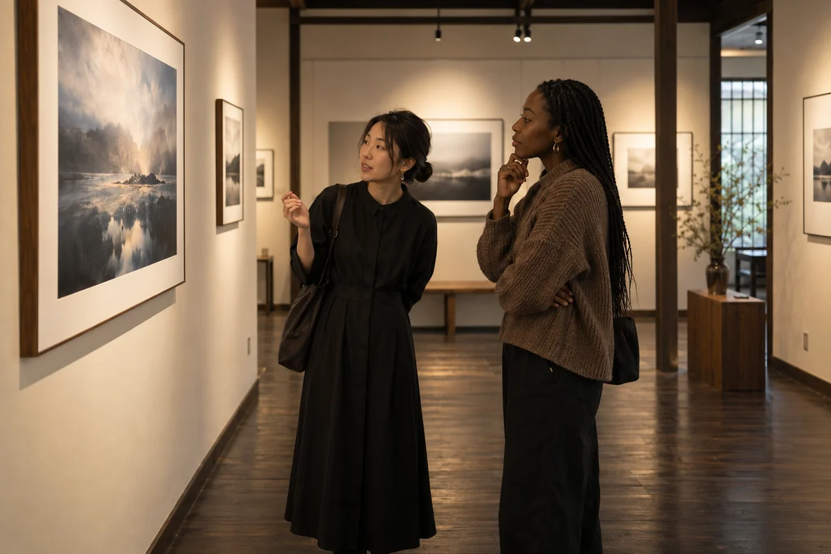 Two friends sharing an observation while viewing a photograph in a softly lit gallery