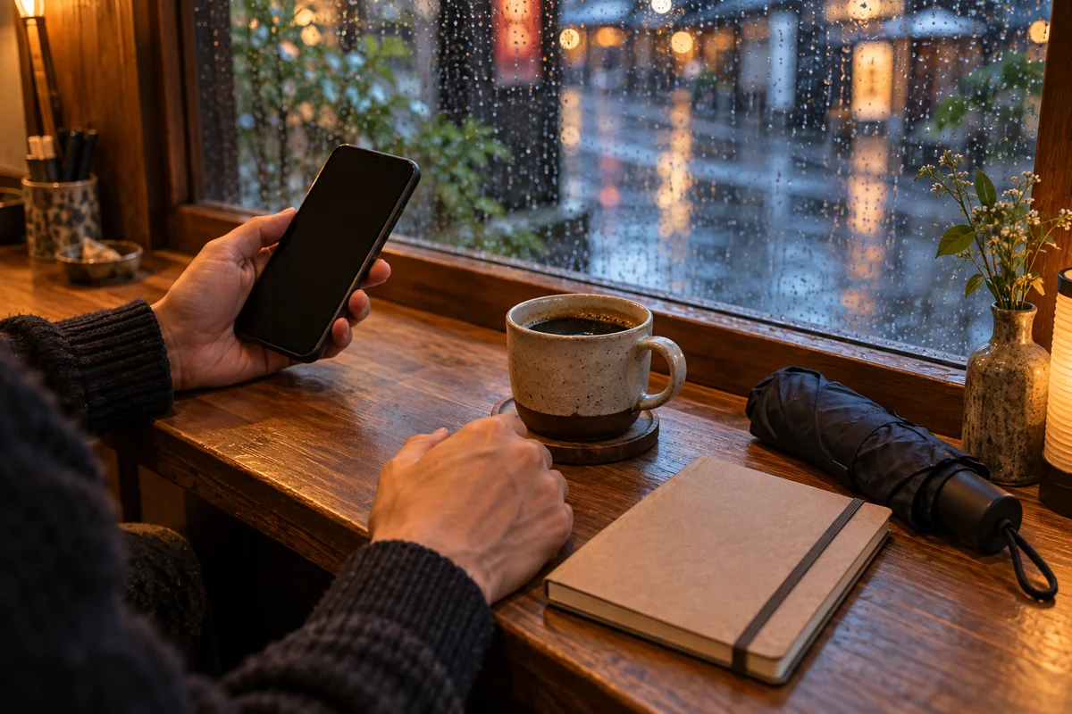 Hands holding a phone beside coffee and a folded umbrella at a rainy cafe window