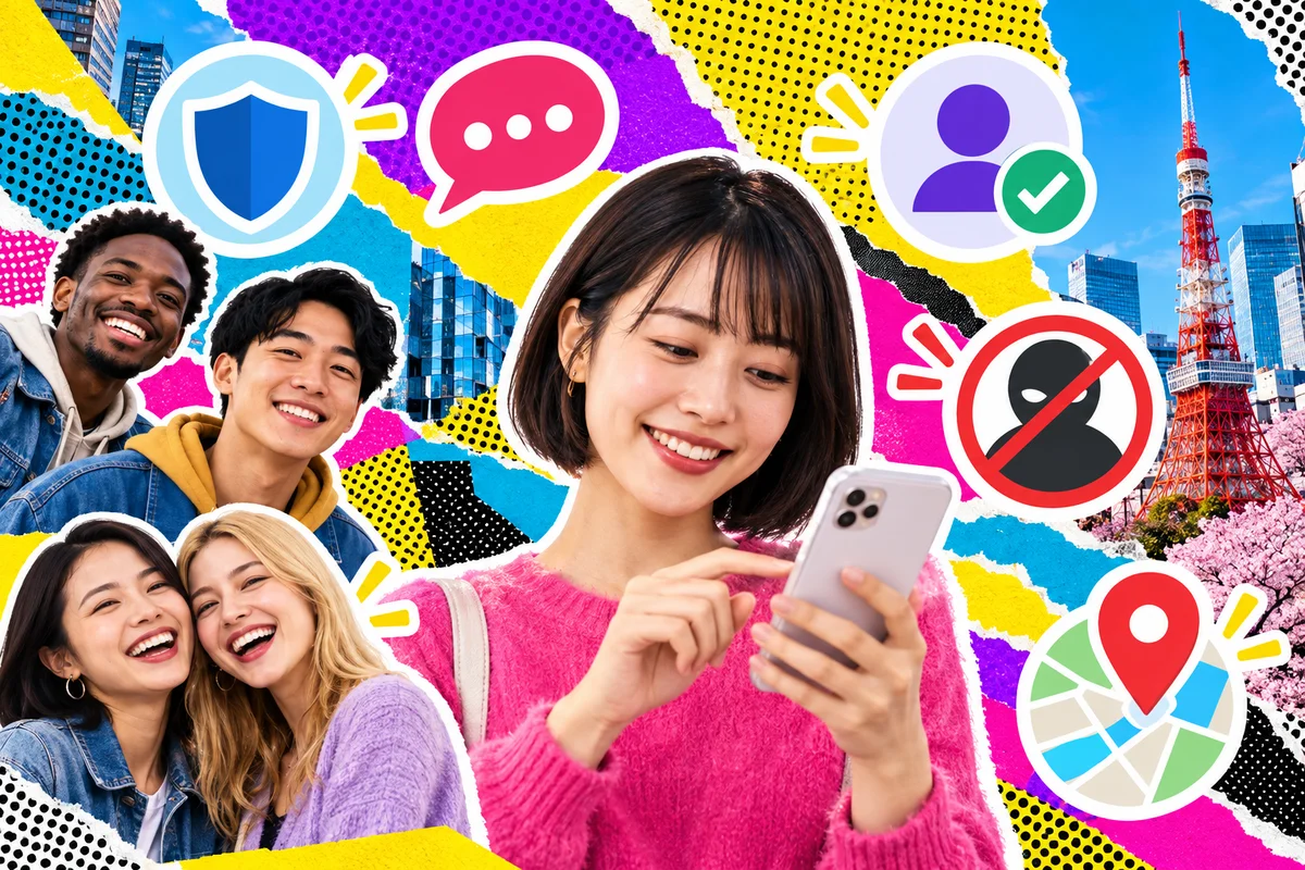 A Japanese woman using a phone surrounded by protection, verification and privacy symbols in a colorful photo collage