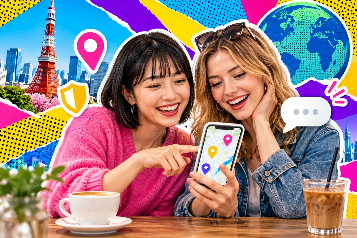 Two women friends looking at a phone map in a cafe with protection and conversation symbols