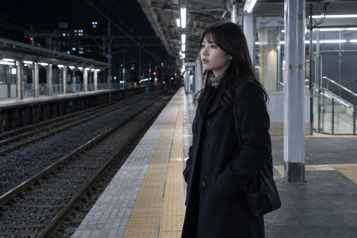 A young woman standing slightly apart on a quiet late-night train platform in Japan, coat buttoned, looking down the empty track under cool fluorescent light