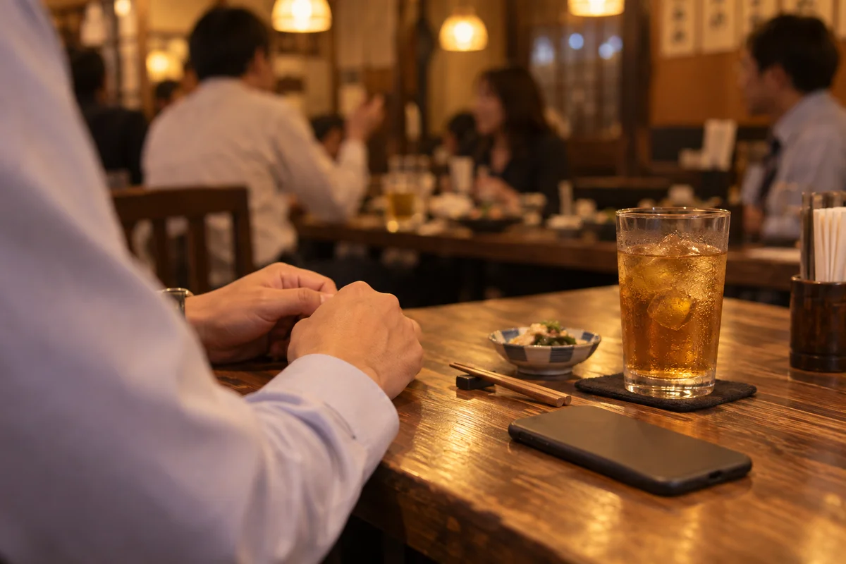 Close-up of hands at a warmly lit izakaya table, a glass of oolong tea beside a phone resting face down, other diners blurred in the background