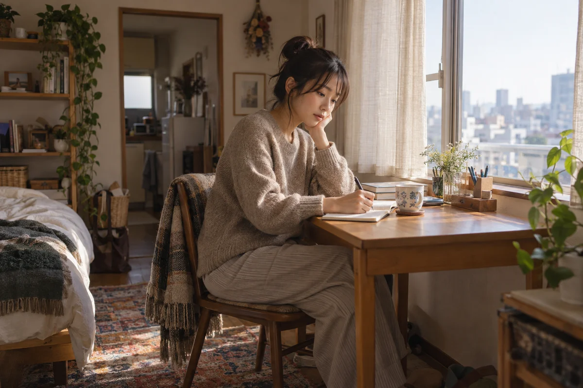 A young woman sitting at a small desk by a window in soft morning light, writing in a notebook with a cup of tea beside her, calm and reflective