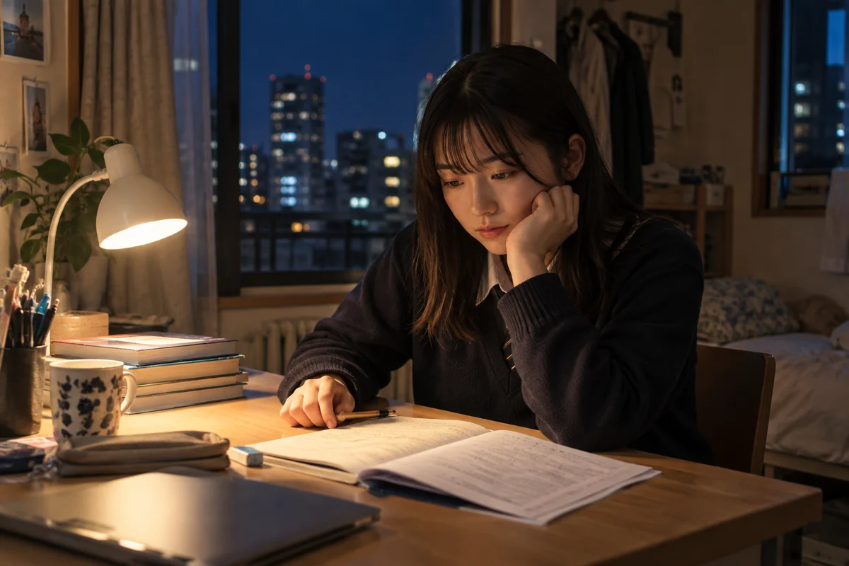 A student pausing over assignments at a small desk beside an apartment window at night