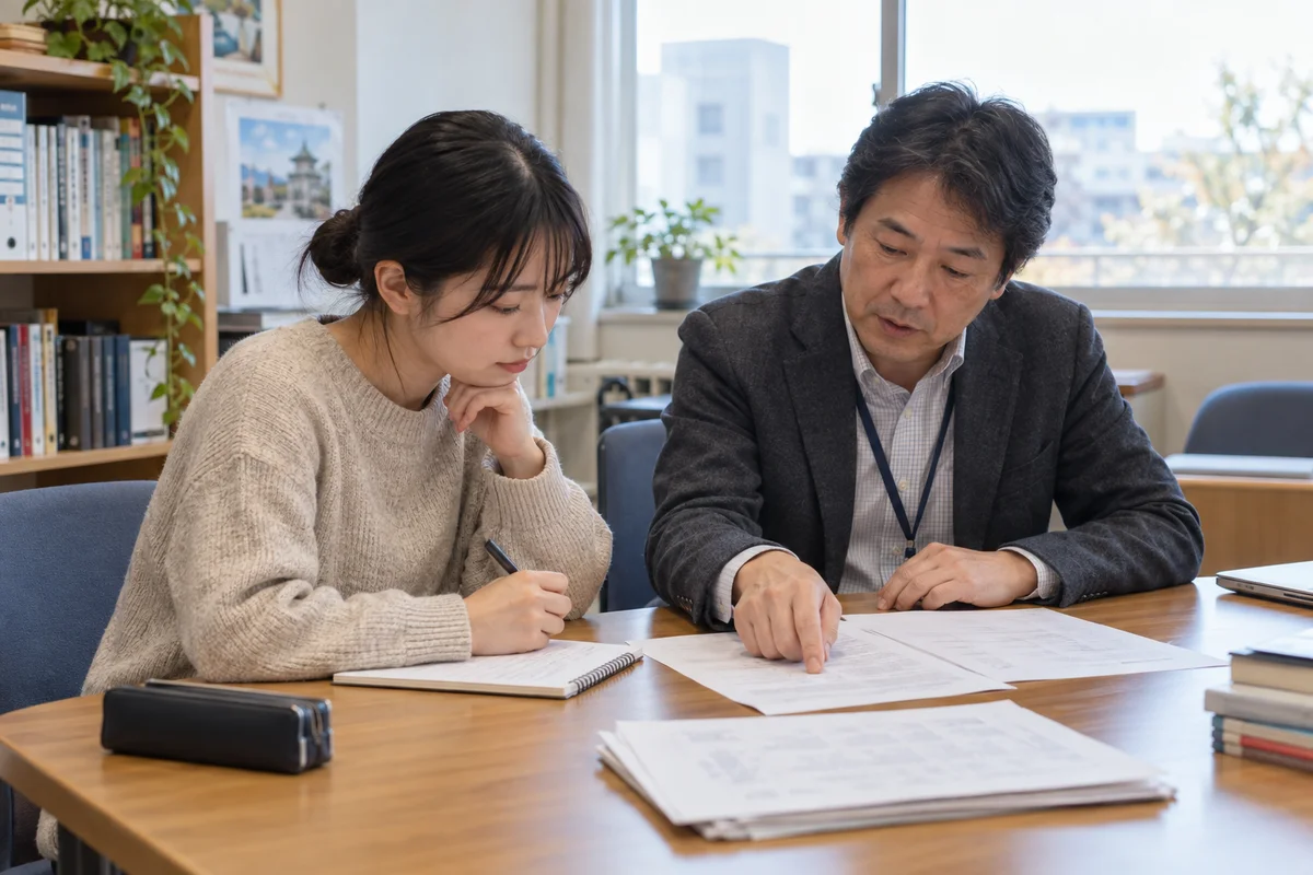 A student and an adviser examining application documents together in a quiet consultation room