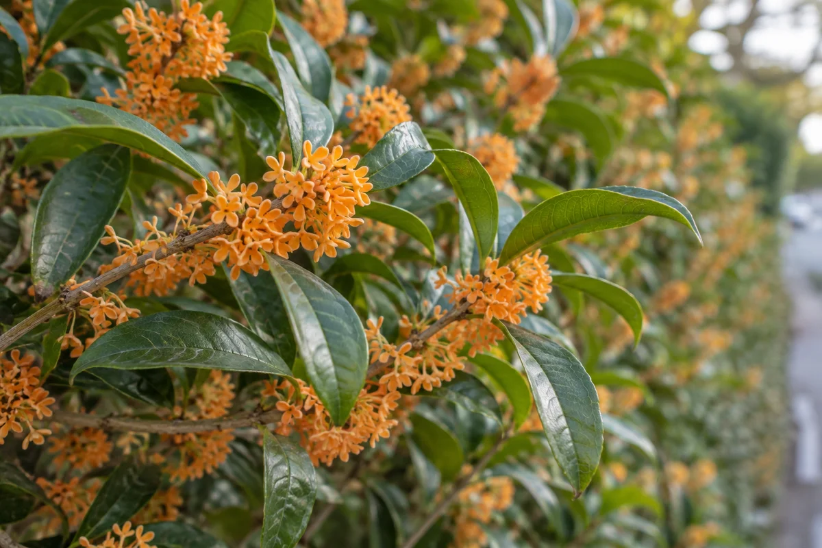 Tiny orange sweet osmanthus flowers clustered along a branch among glossy green leaves