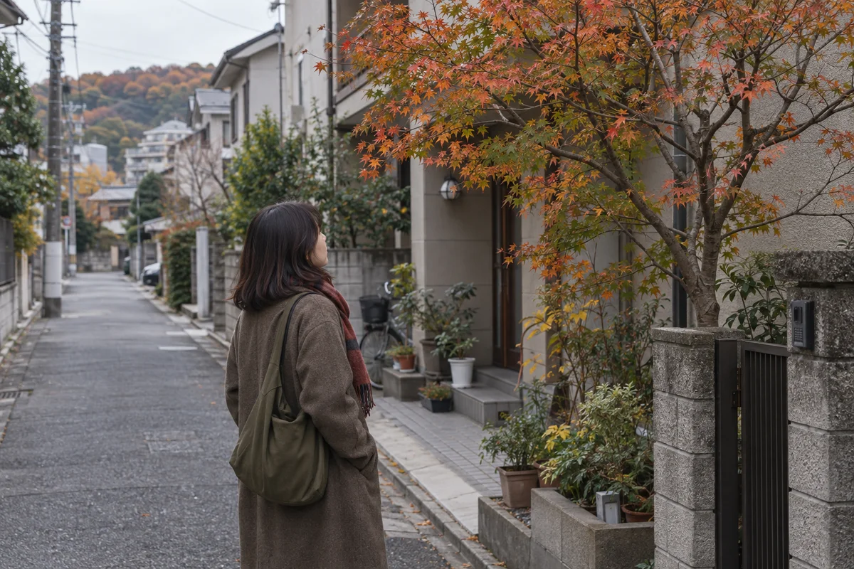 A woman pausing alone on a quiet Japanese residential street under soft overcast light