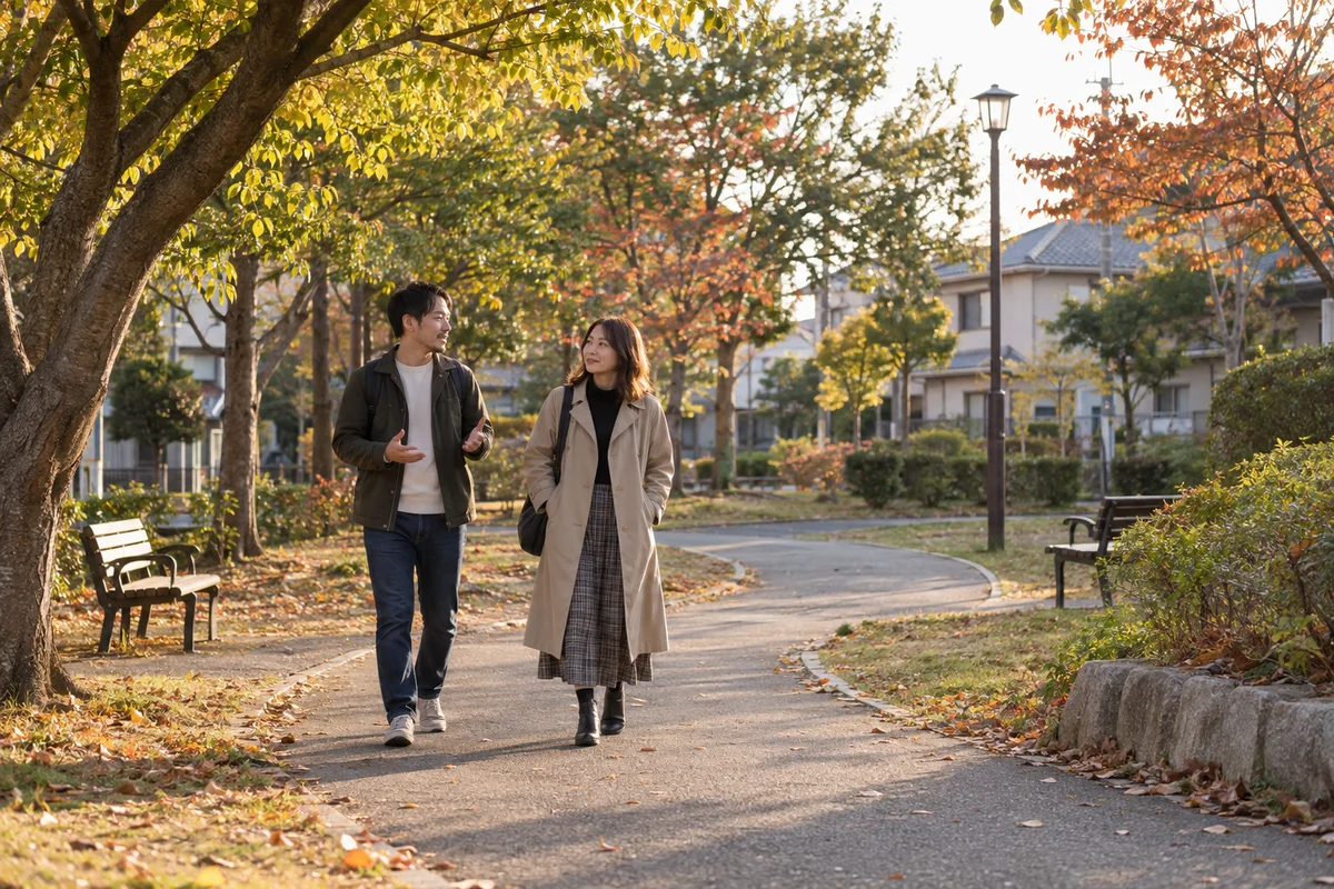 Two acquaintances talking as they walk side by side along a neighborhood park path in warm afternoon light