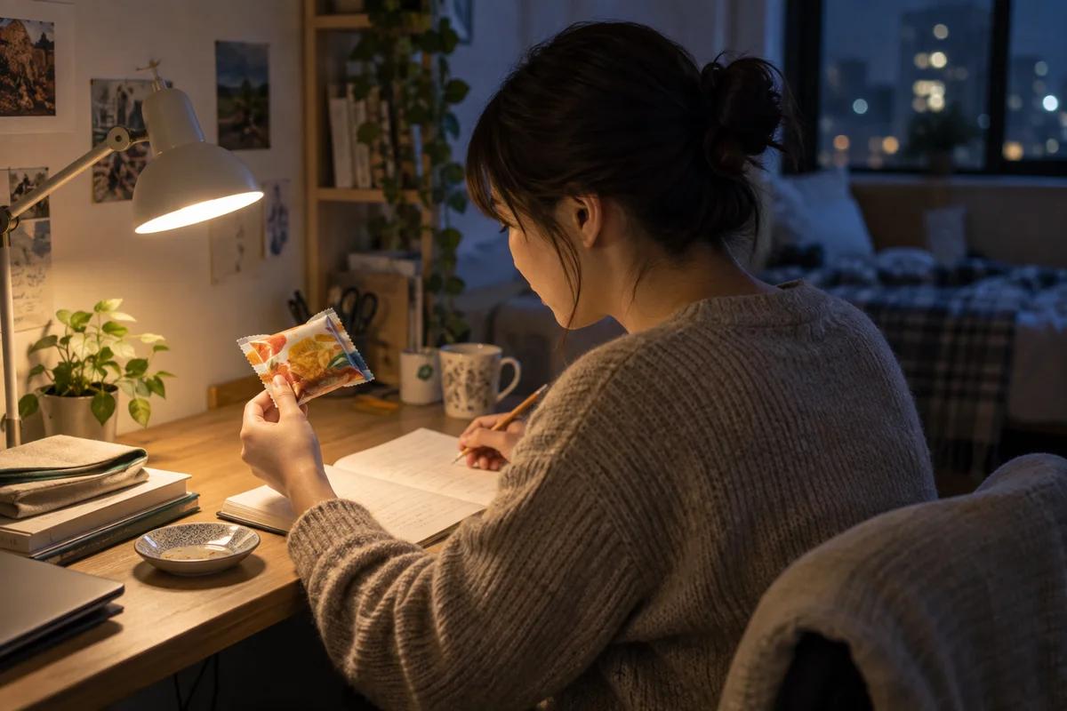 A learner quietly comparing a food wrapper with a notebook at a small apartment desk in evening lamplight