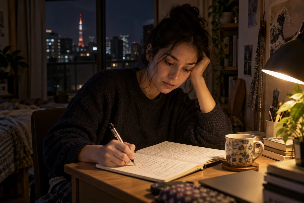 A language learner studying alone at a desk at night with a notebook and a warm lamp