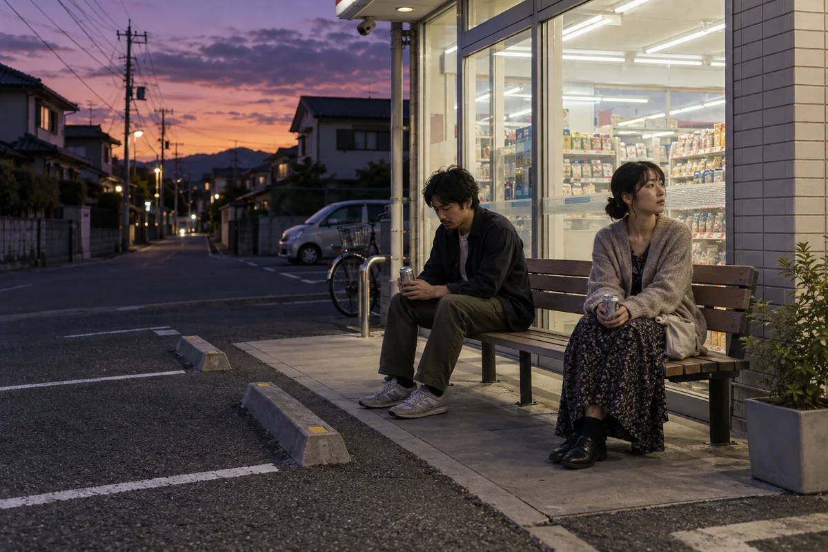 Two people sitting apart on a bench outside a convenience store at dusk, a pause in their conversation