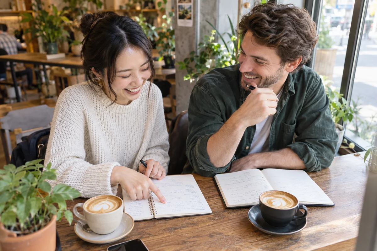 Two friends laughing over notebooks and coffee during a relaxed language exchange in a bright cafe