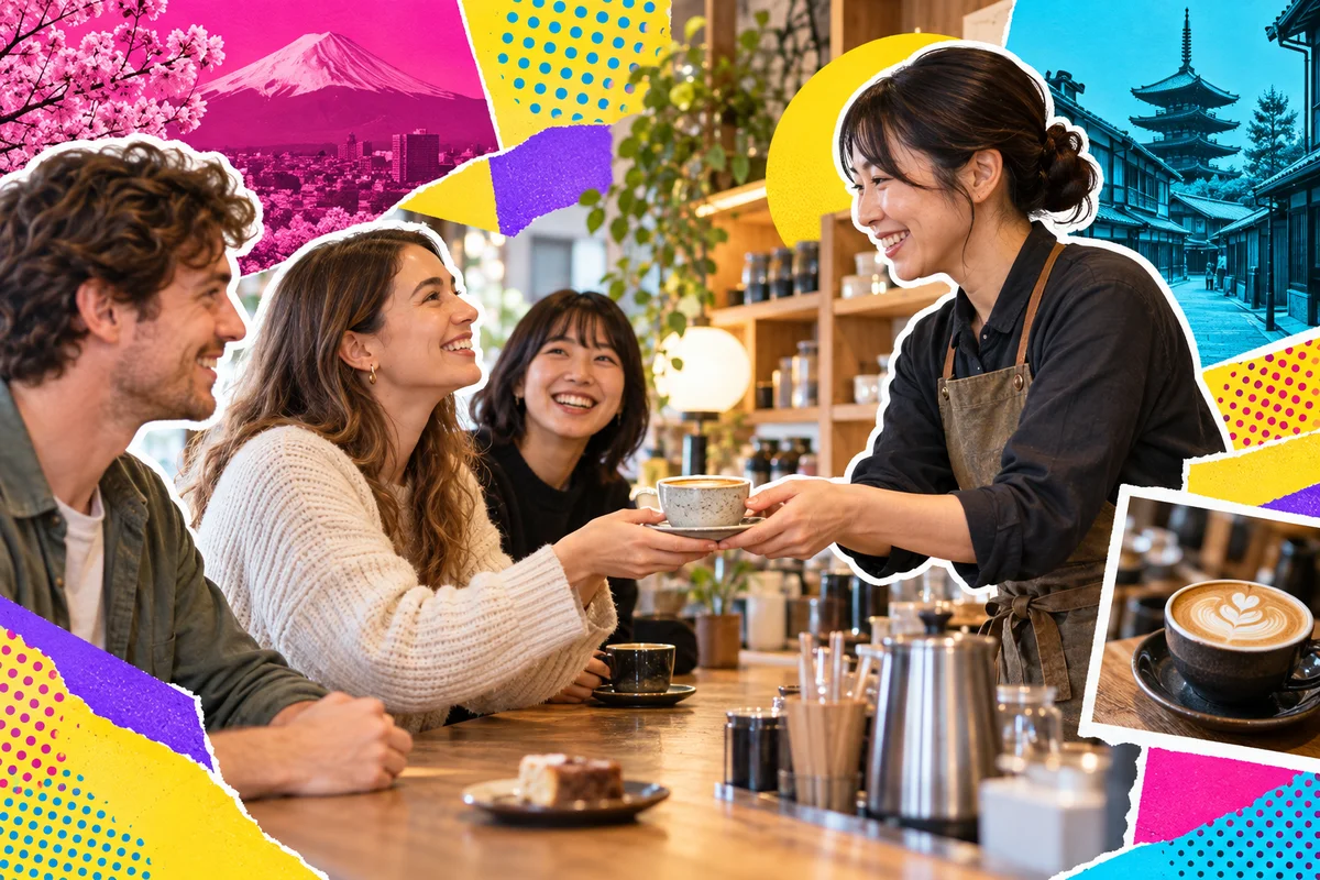 An international café regular talking with a Japanese barista during a quiet moment at the counter