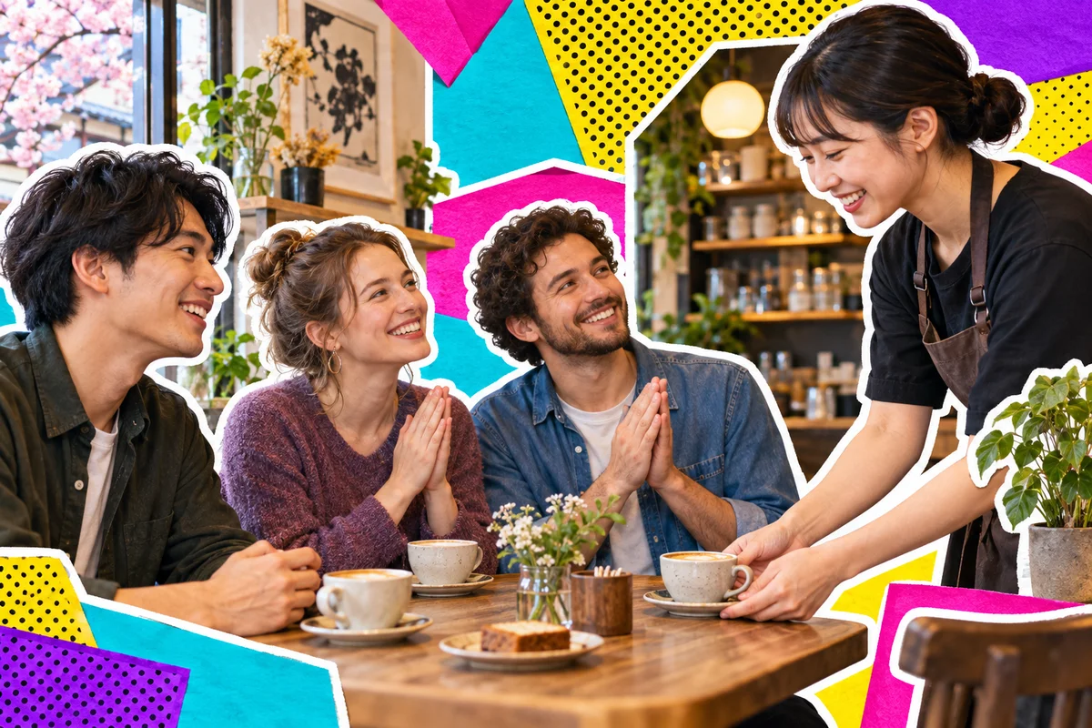 Japanese and international adult friends enjoying a relaxed conversation around a café table