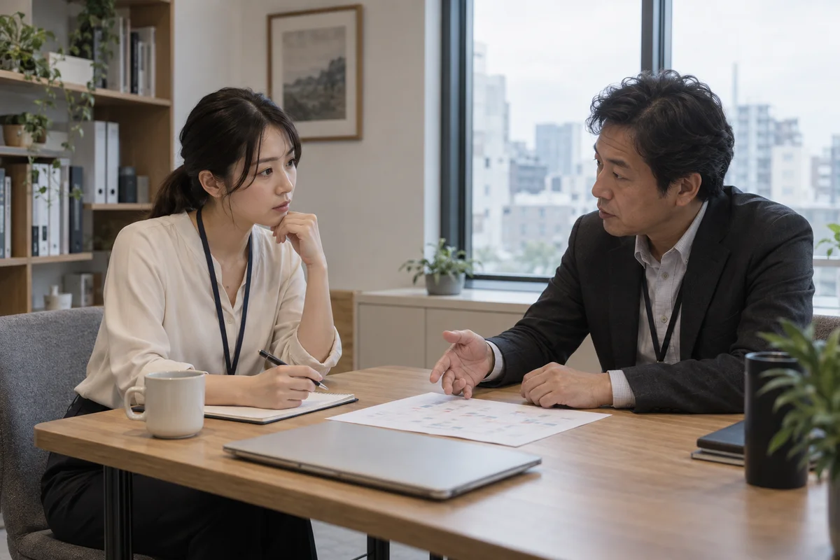 An employee and manager discussing a work schedule across a small office meeting table in soft daylight