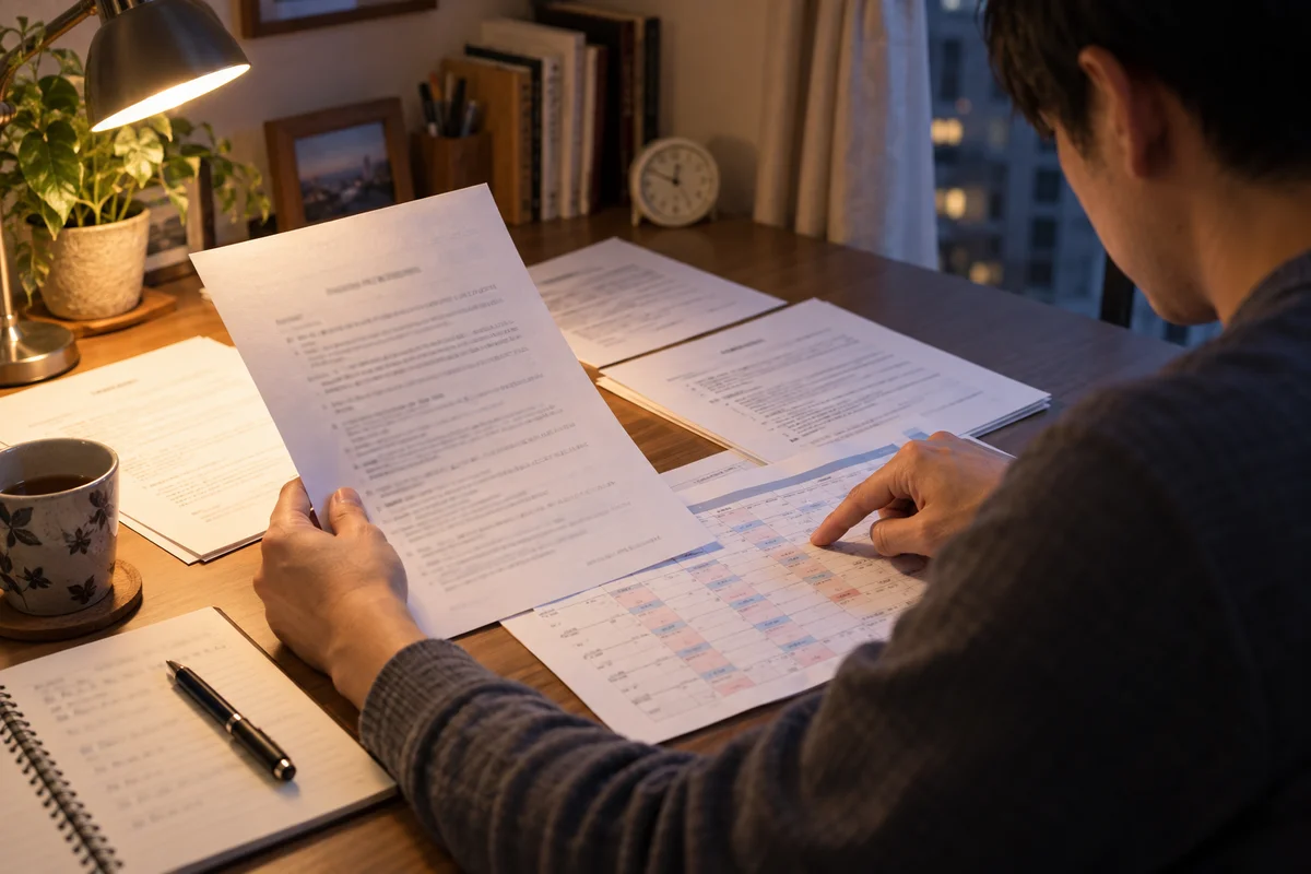 Close-up of hands comparing employment paperwork and a work schedule at a home desk under a warm reading lamp